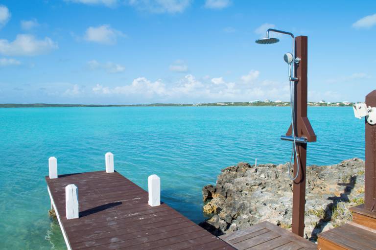 Waterfront dock on Chalk Sound at Villa Bashert, Turks and Caicos