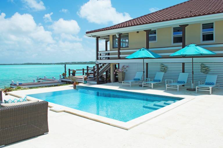 Pool at water's edge at Villa Bashert, Chalk Sound, Providenciales